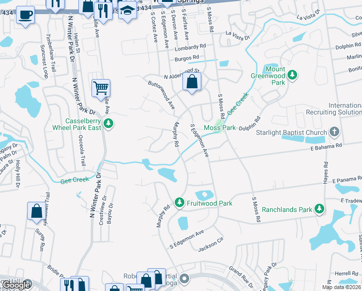 map of restaurants, bars, coffee shops, grocery stores, and more near 202 Sweetgum Court in Winter Springs