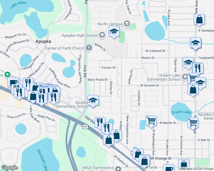 map of restaurants, bars, coffee shops, grocery stores, and more near 501 Shirley Drive in Apopka