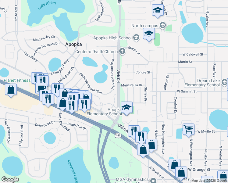 map of restaurants, bars, coffee shops, grocery stores, and more near 704 Parkside Pointe Boulevard in Apopka