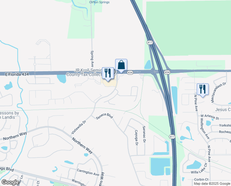map of restaurants, bars, coffee shops, grocery stores, and more near 107 Redtail Place in Winter Springs