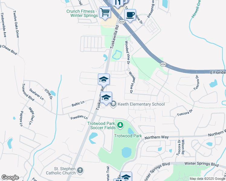 map of restaurants, bars, coffee shops, grocery stores, and more near 415 Tuskawilla Road in Winter Springs