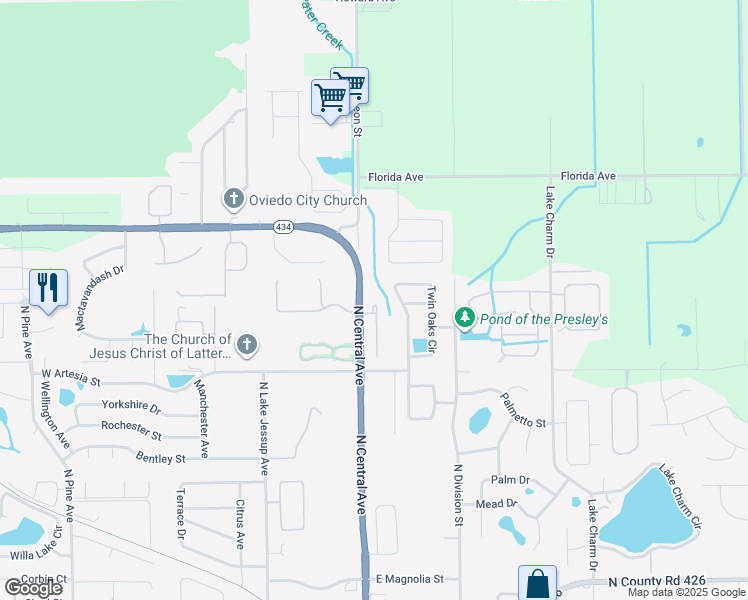 map of restaurants, bars, coffee shops, grocery stores, and more near 1117 Laurel Oaks Court in Oviedo