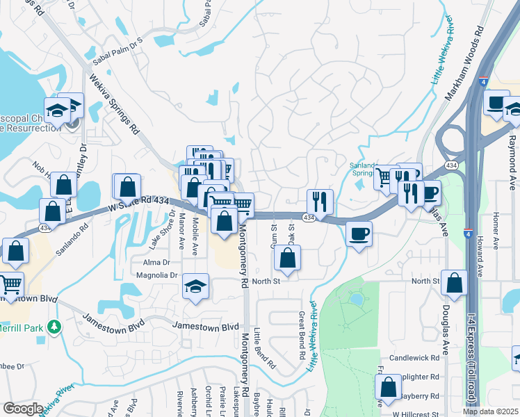 map of restaurants, bars, coffee shops, grocery stores, and more near 253 Crown Oaks Way in Longwood
