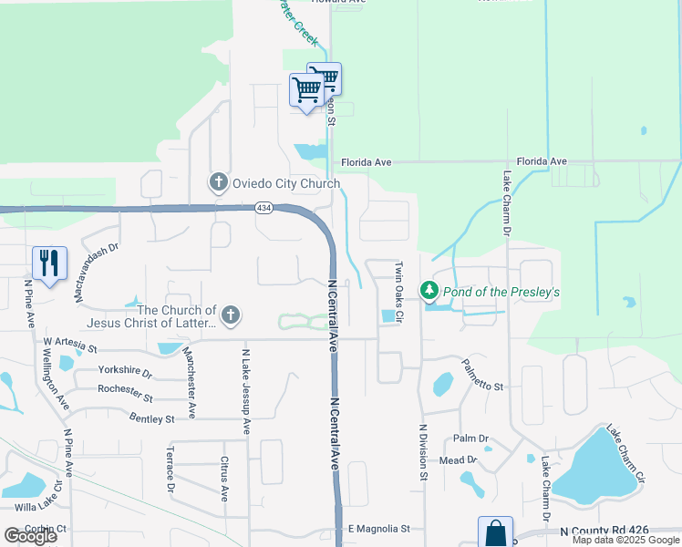 map of restaurants, bars, coffee shops, grocery stores, and more near 1117 Laurel Oaks Court in Oviedo