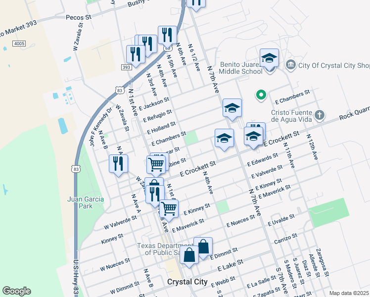 map of restaurants, bars, coffee shops, grocery stores, and more near 422 East Bexar Street in Crystal City
