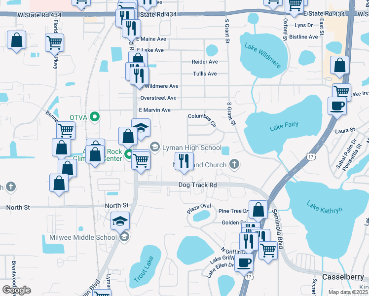 map of restaurants, bars, coffee shops, grocery stores, and more near 710 Columbus Way in Longwood