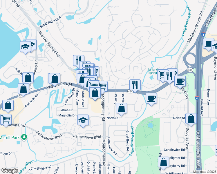map of restaurants, bars, coffee shops, grocery stores, and more near 257 Crown Oaks Way in Longwood