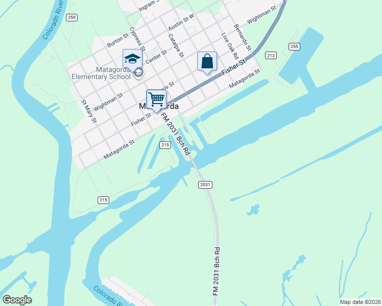 map of restaurants, bars, coffee shops, grocery stores, and more near 211 Farm to Market Road 2031 in Matagorda