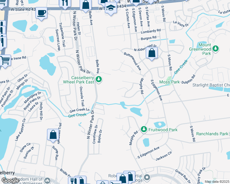 map of restaurants, bars, coffee shops, grocery stores, and more near 15 Gumtree Court in Winter Springs