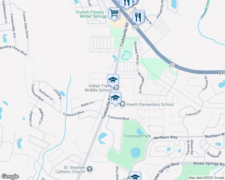 map of restaurants, bars, coffee shops, grocery stores, and more near 415 Tuskawilla Road in Winter Springs