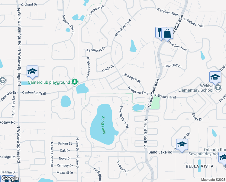 map of restaurants, bars, coffee shops, grocery stores, and more near 220 Lochberry Place in Longwood