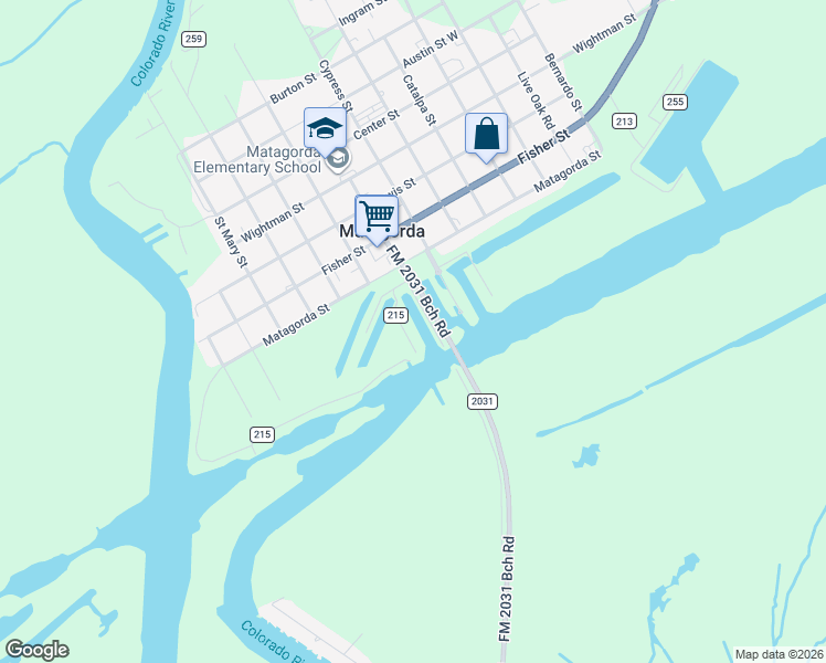 map of restaurants, bars, coffee shops, grocery stores, and more near 211 Farm to Market Road 2031 in Matagorda