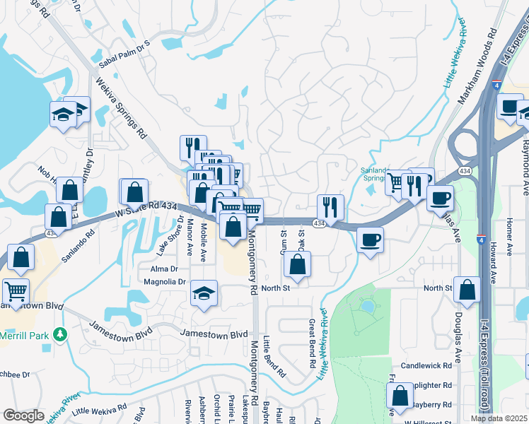 map of restaurants, bars, coffee shops, grocery stores, and more near 257 Crown Oaks Way in Longwood