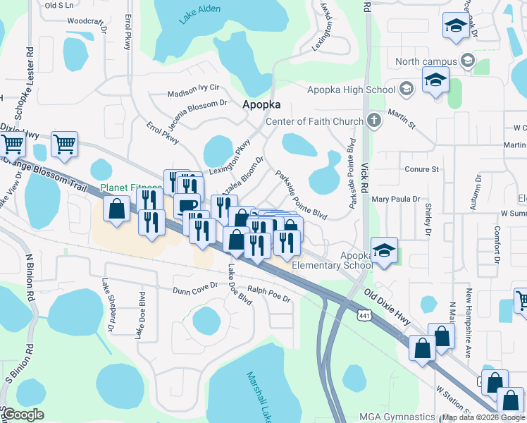 map of restaurants, bars, coffee shops, grocery stores, and more near 822 Magnolia Blossom Court in Apopka