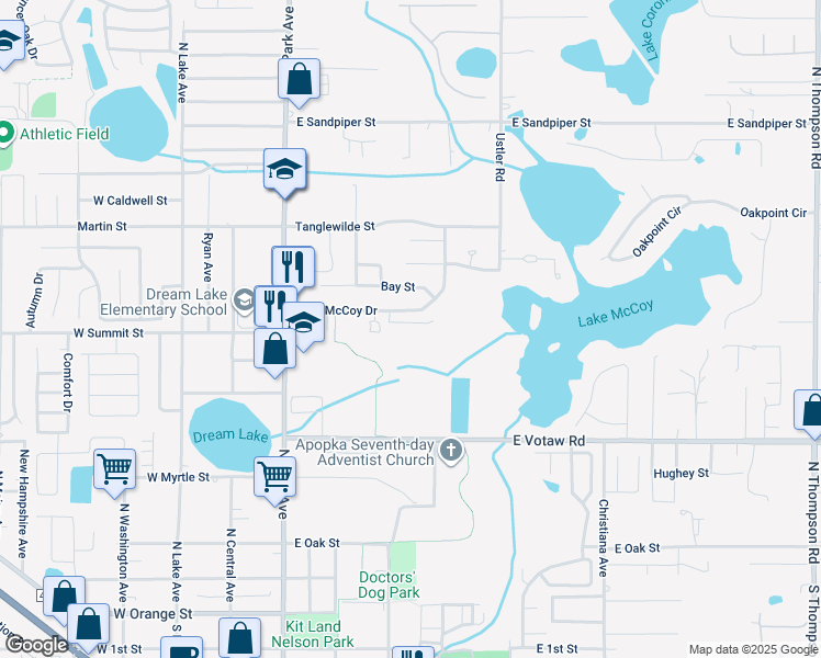 map of restaurants, bars, coffee shops, grocery stores, and more near 316 McCoy Village Court in Apopka