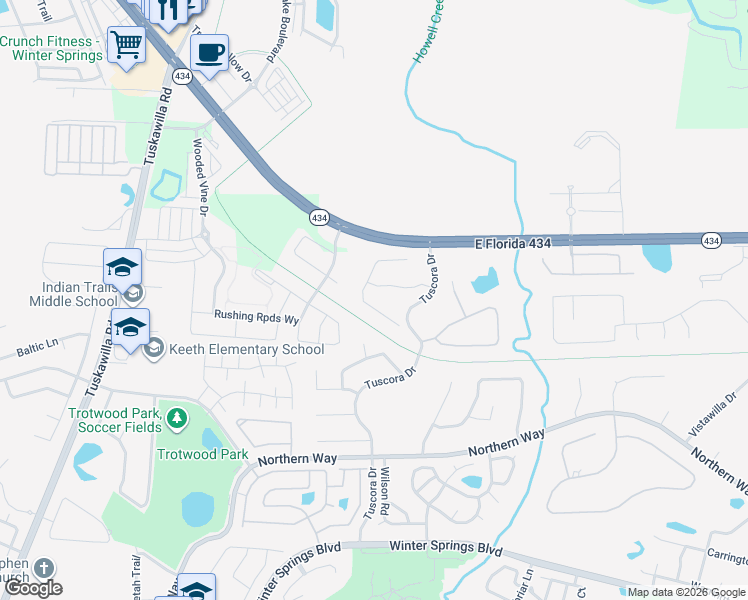 map of restaurants, bars, coffee shops, grocery stores, and more near 209 Heatherwood Court in Winter Springs