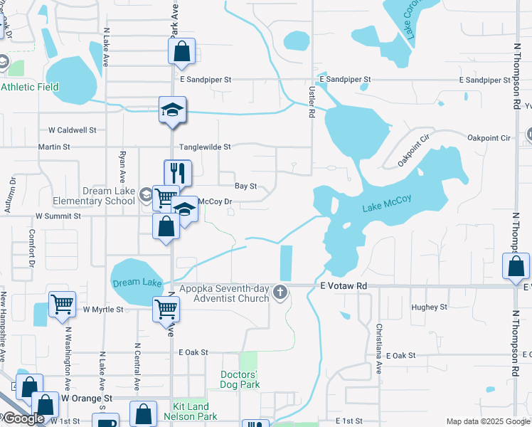 map of restaurants, bars, coffee shops, grocery stores, and more near 328 McCoy Village Court in Apopka