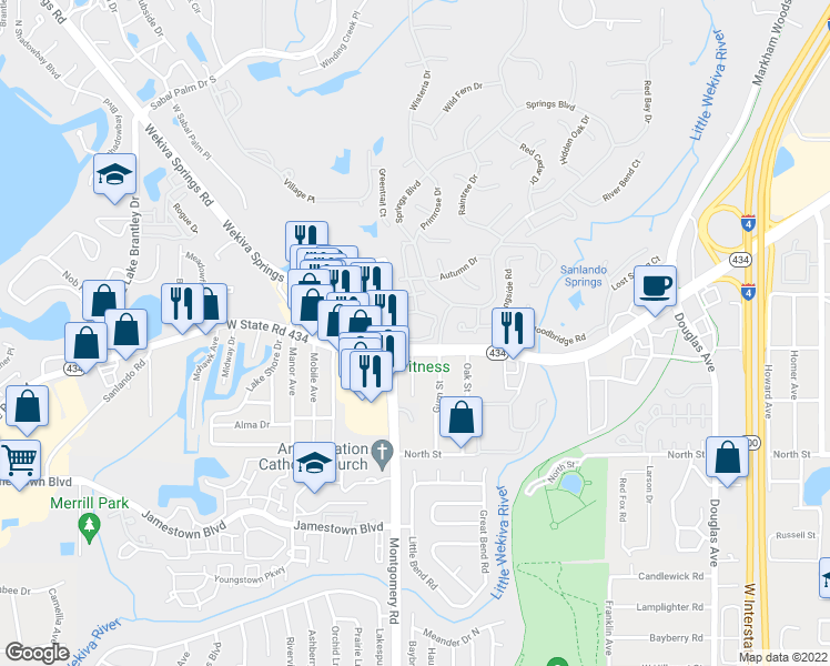 map of restaurants, bars, coffee shops, grocery stores, and more near 257 Crown Oaks Way in Longwood