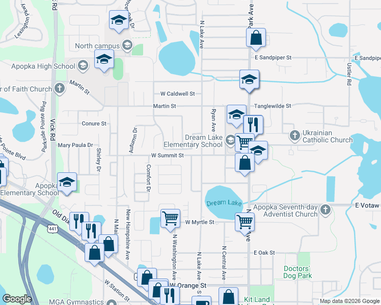 map of restaurants, bars, coffee shops, grocery stores, and more near 488 Dream Lake Drive in Apopka