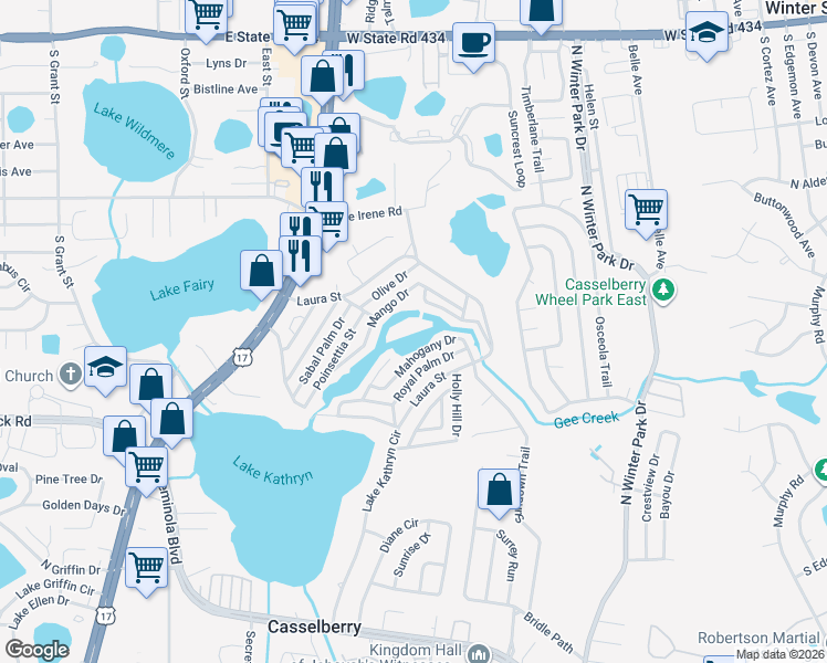map of restaurants, bars, coffee shops, grocery stores, and more near 722-1018 Mahogany Drive in Casselberry