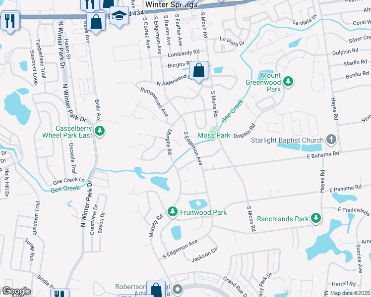 map of restaurants, bars, coffee shops, grocery stores, and more near 202 Sweetgum Court in Winter Springs