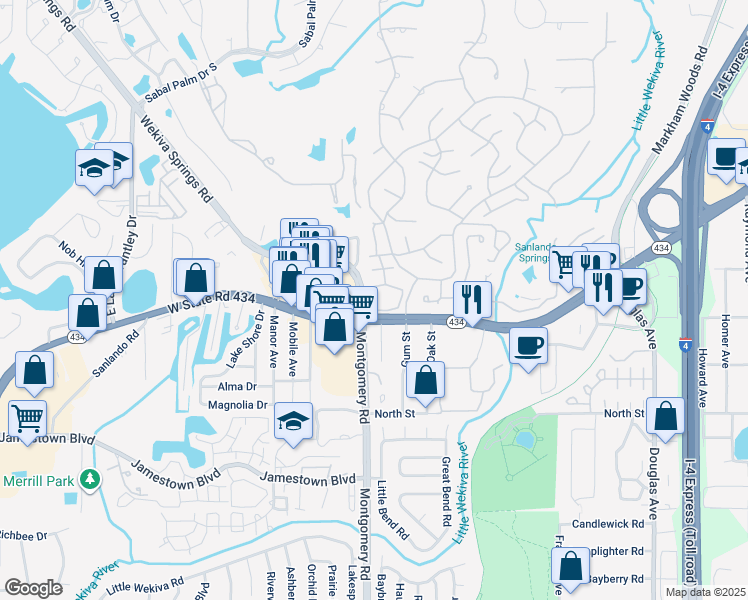 map of restaurants, bars, coffee shops, grocery stores, and more near 257 Crown Oaks Way in Longwood