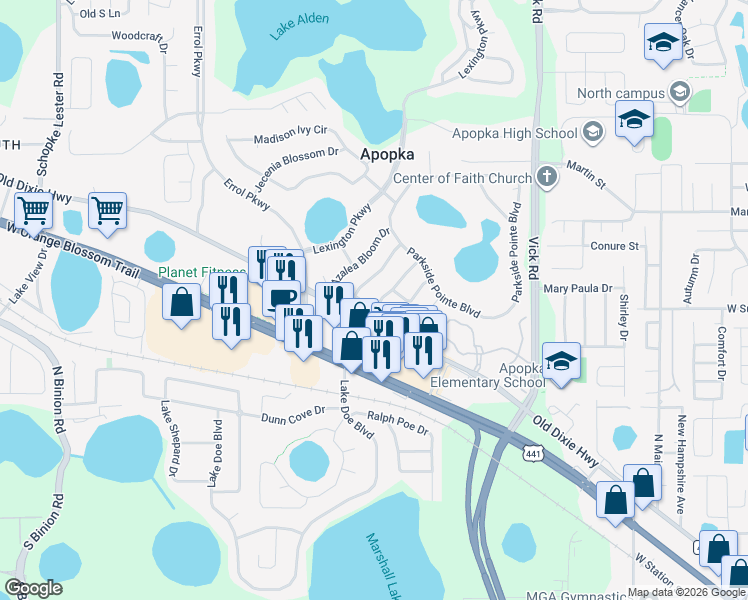 map of restaurants, bars, coffee shops, grocery stores, and more near 822 Magnolia Blossom Court in Apopka