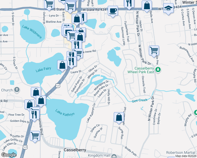 map of restaurants, bars, coffee shops, grocery stores, and more near 722-1018 Mahogany Drive in Casselberry