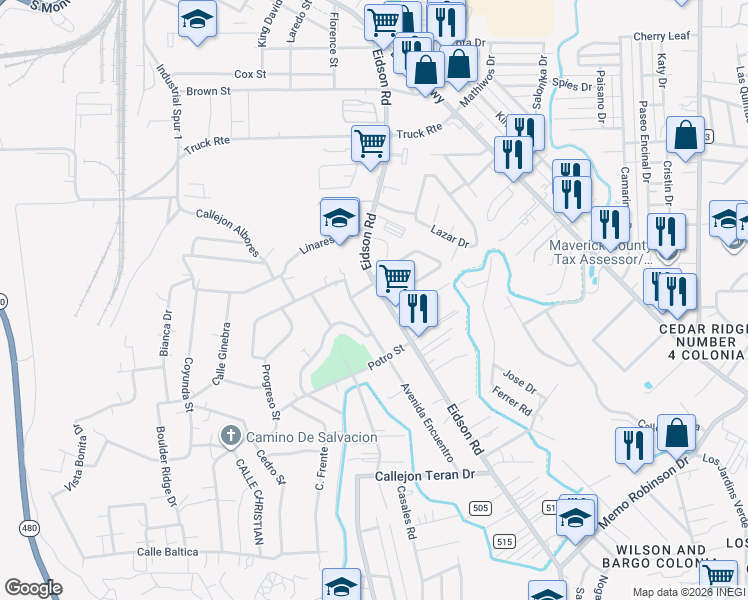 map of restaurants, bars, coffee shops, grocery stores, and more near 1535 Encuentro Street in Eagle Pass