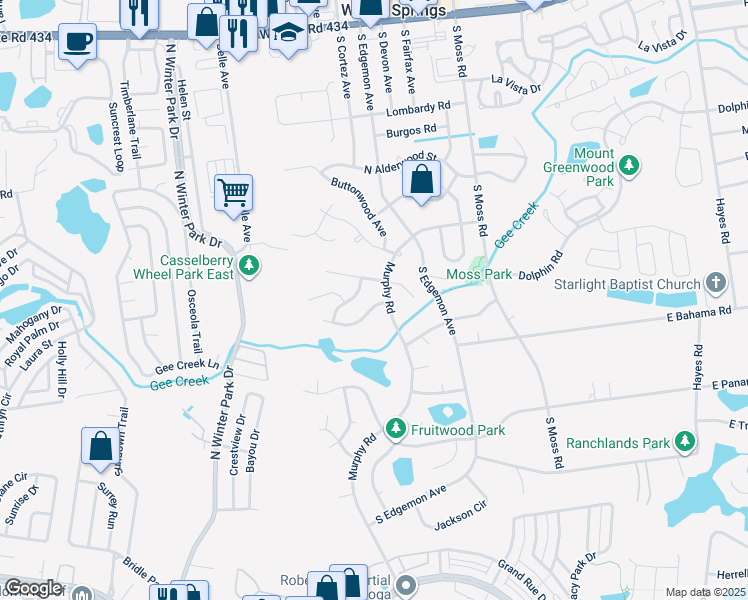 map of restaurants, bars, coffee shops, grocery stores, and more near 405 South Hawthorn Circle in Winter Springs