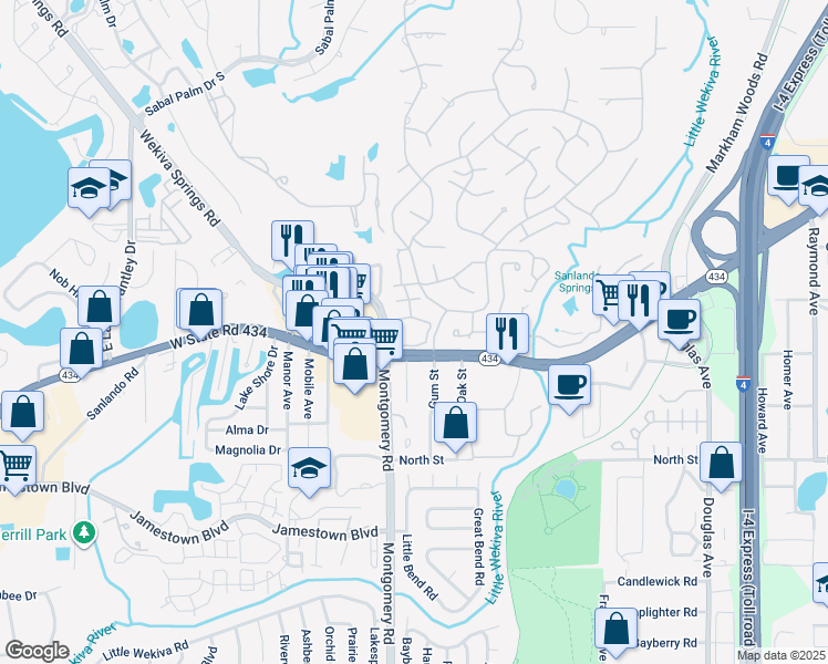map of restaurants, bars, coffee shops, grocery stores, and more near 257 Crown Oaks Way in Longwood