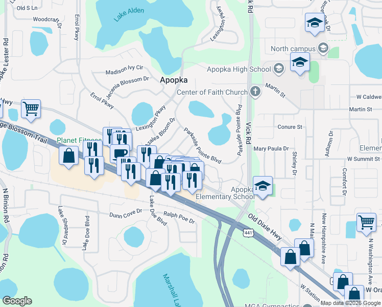 map of restaurants, bars, coffee shops, grocery stores, and more near 549 Breezy Oak Way in Apopka