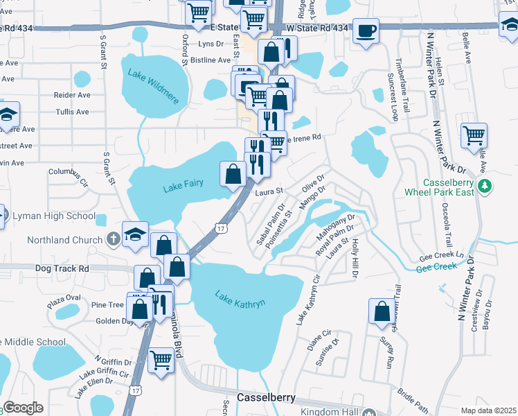 map of restaurants, bars, coffee shops, grocery stores, and more near 880 Tumbleweed Lane in Casselberry