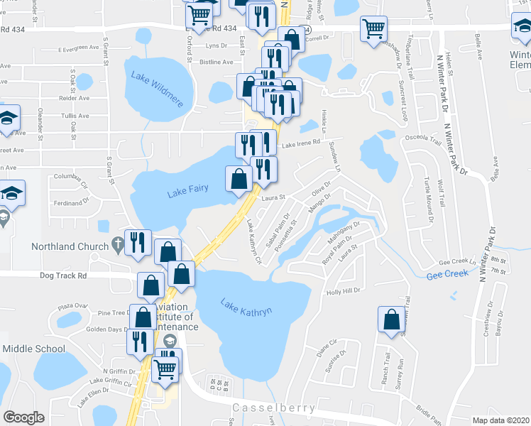 map of restaurants, bars, coffee shops, grocery stores, and more near 880 Tumbleweed Lane in Casselberry
