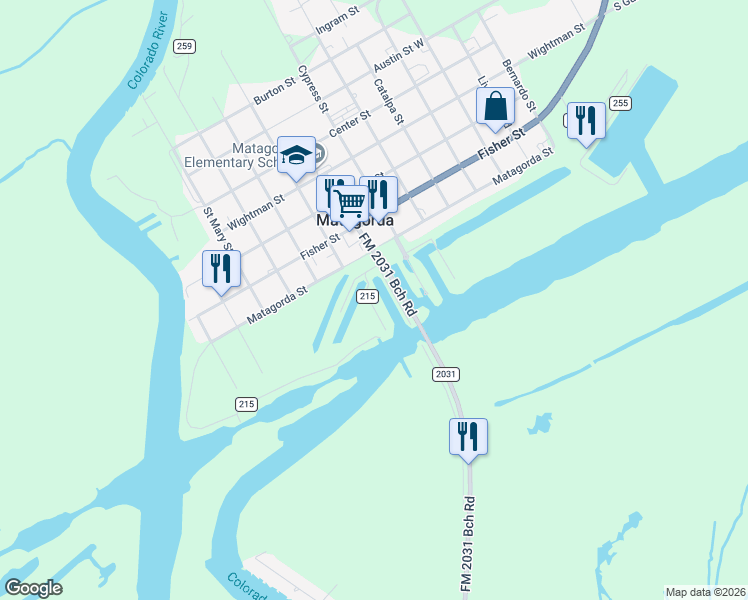 map of restaurants, bars, coffee shops, grocery stores, and more near 211 Farm to Market Road 2031 in Matagorda