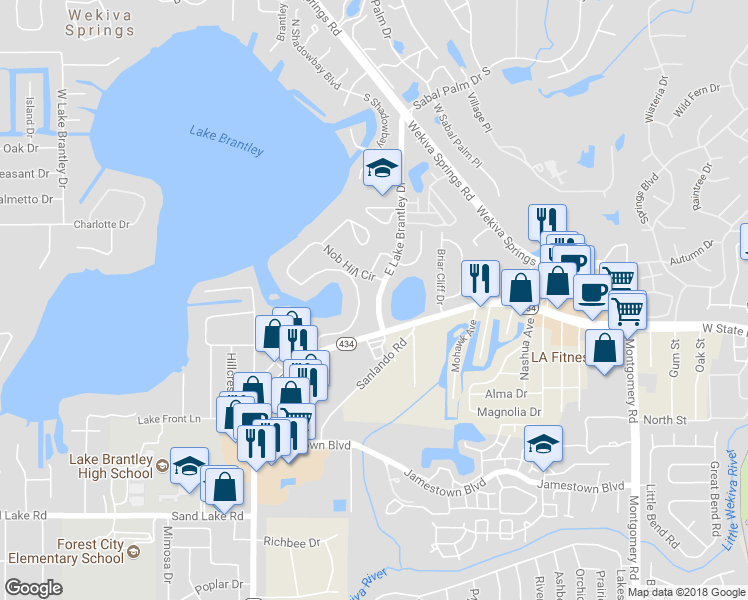 map of restaurants, bars, coffee shops, grocery stores, and more near 157 East Lake Brantley Drive in Longwood