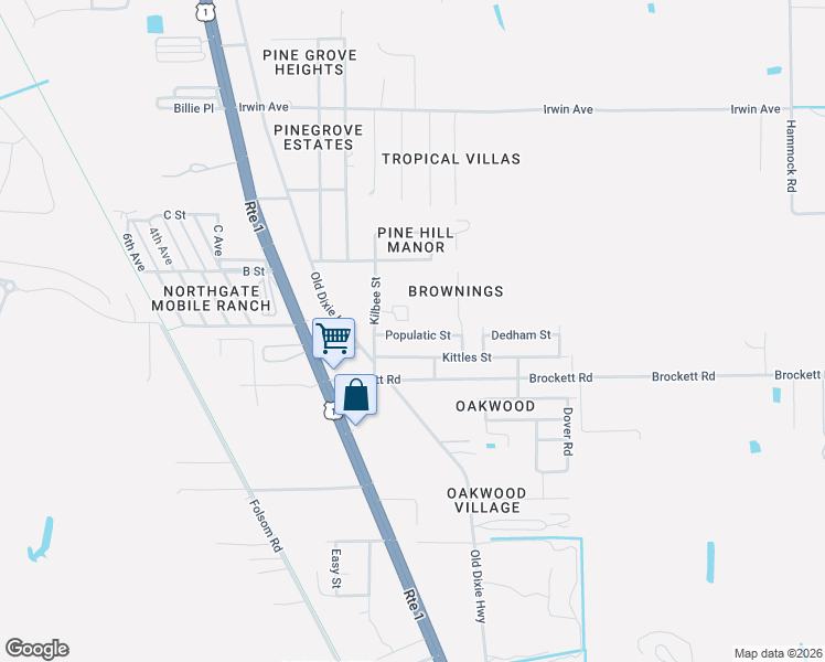 map of restaurants, bars, coffee shops, grocery stores, and more near 3458 Kittles Street in Mims