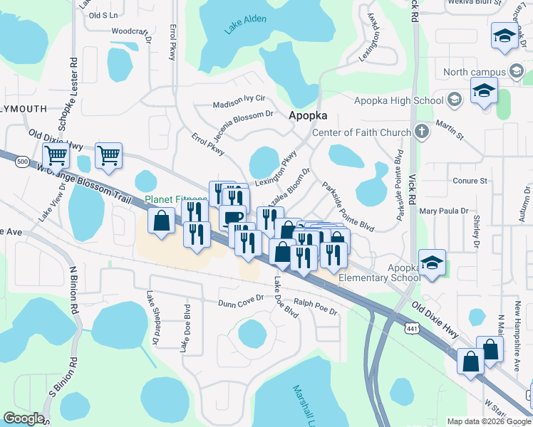 map of restaurants, bars, coffee shops, grocery stores, and more near 1102 Magnolia Blossom Court in Apopka