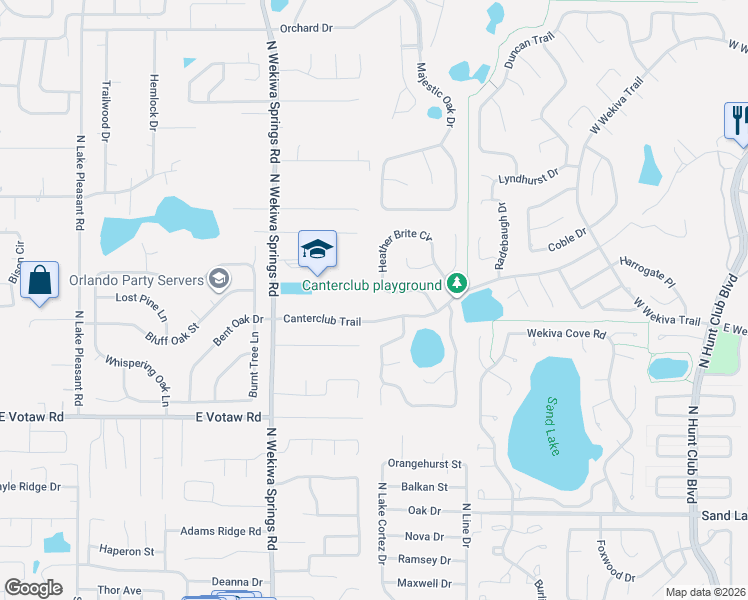 map of restaurants, bars, coffee shops, grocery stores, and more near 2537 Canterclub Trail in Apopka