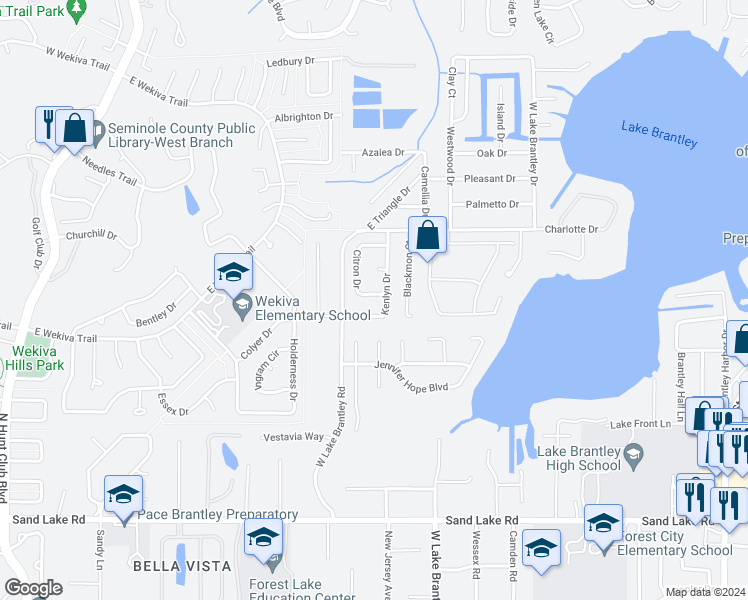 map of restaurants, bars, coffee shops, grocery stores, and more near 2711 Citron Drive in Longwood