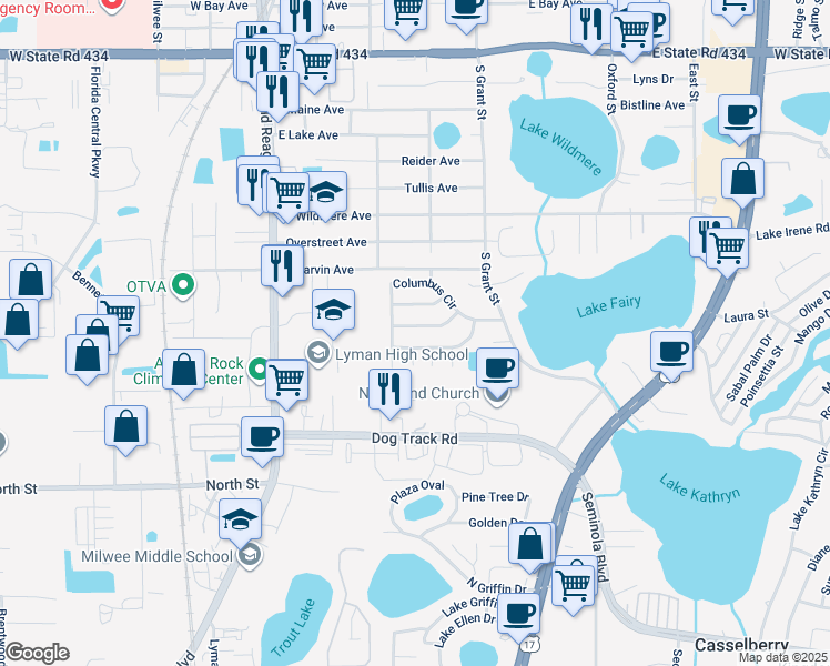 map of restaurants, bars, coffee shops, grocery stores, and more near 321 Isabella Drive in Longwood
