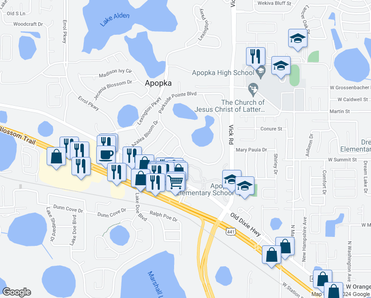 map of restaurants, bars, coffee shops, grocery stores, and more near 801 Parkside Pointe Boulevard in Apopka