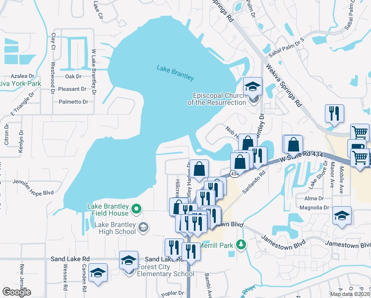 map of restaurants, bars, coffee shops, grocery stores, and more near 303 Brantley Harbor Drive in Longwood