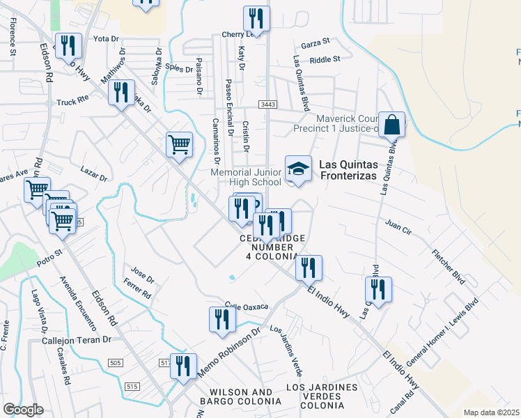 map of restaurants, bars, coffee shops, grocery stores, and more near 1879 South Veterans Boulevard in Eagle Pass