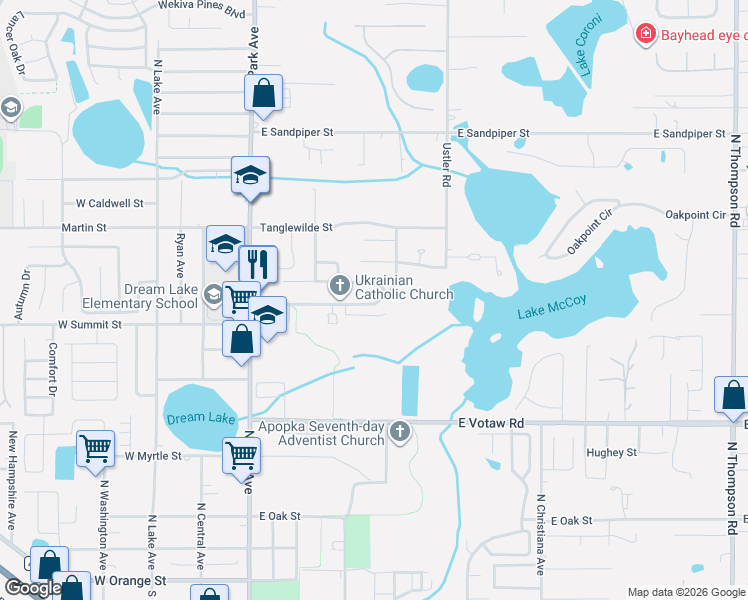 map of restaurants, bars, coffee shops, grocery stores, and more near 357 Bay Street in Apopka
