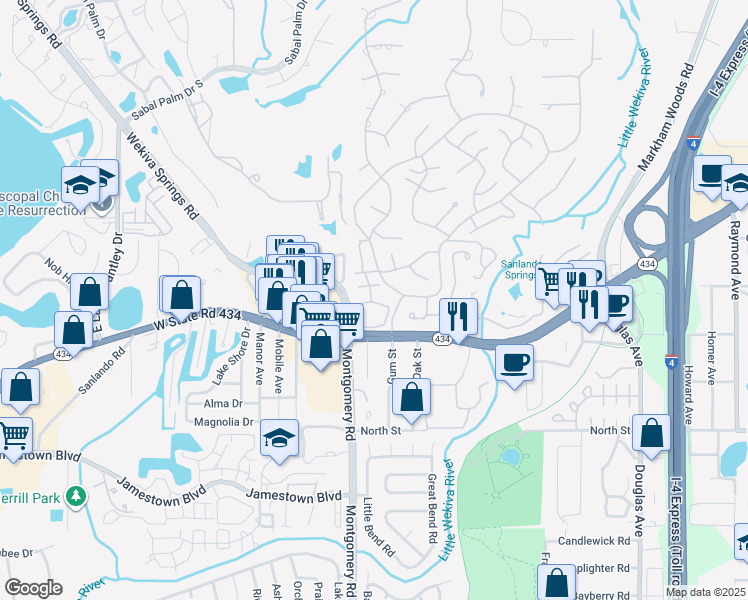 map of restaurants, bars, coffee shops, grocery stores, and more near 112 Crown Oaks Way in Longwood