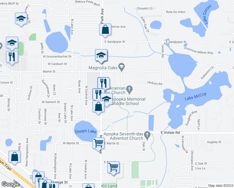 map of restaurants, bars, coffee shops, grocery stores, and more near 207 Lake McCoy Drive in Apopka