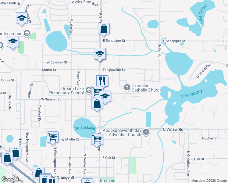 map of restaurants, bars, coffee shops, grocery stores, and more near 244 Bay Street in Apopka
