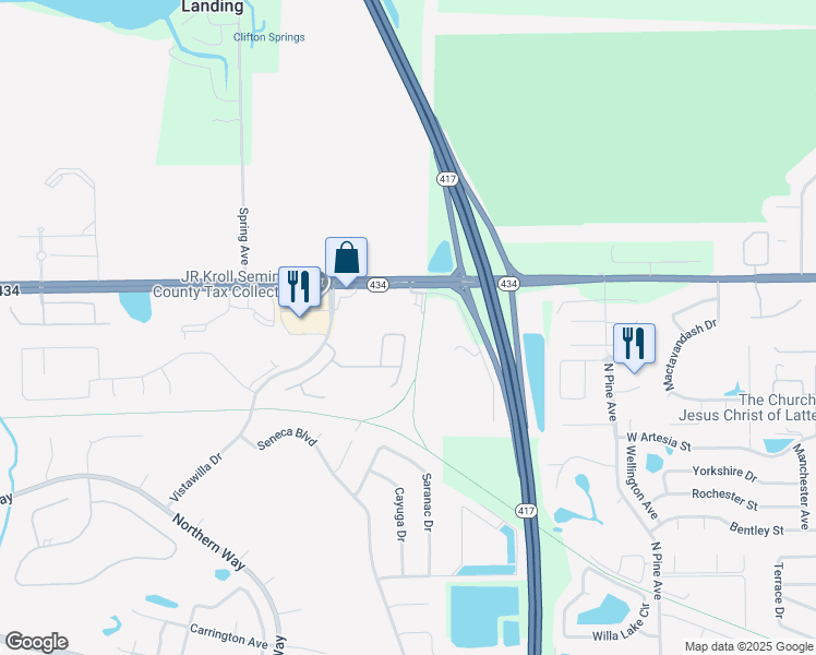 map of restaurants, bars, coffee shops, grocery stores, and more near 124 Peregrine Court in Winter Springs
