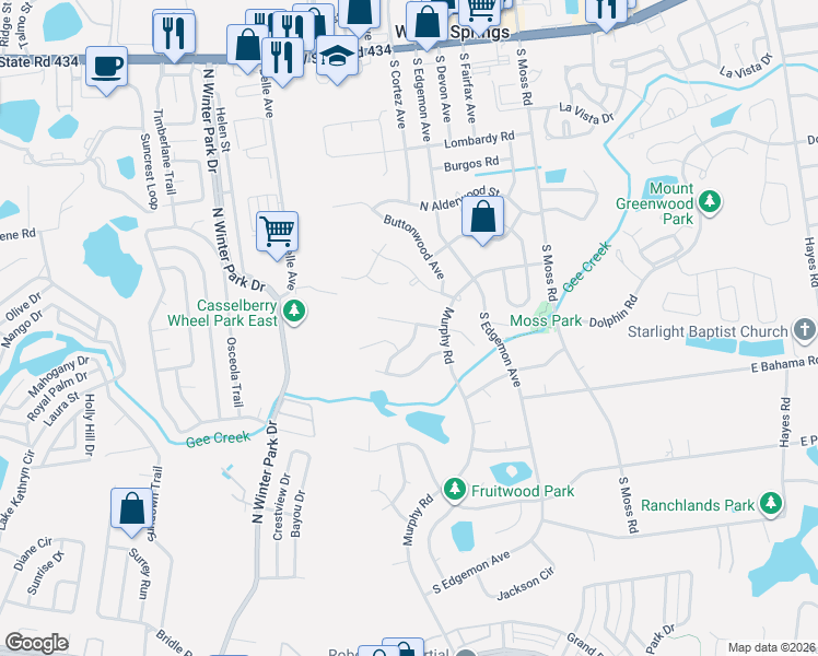 map of restaurants, bars, coffee shops, grocery stores, and more near 421 North Hawthorn Circle in Winter Springs